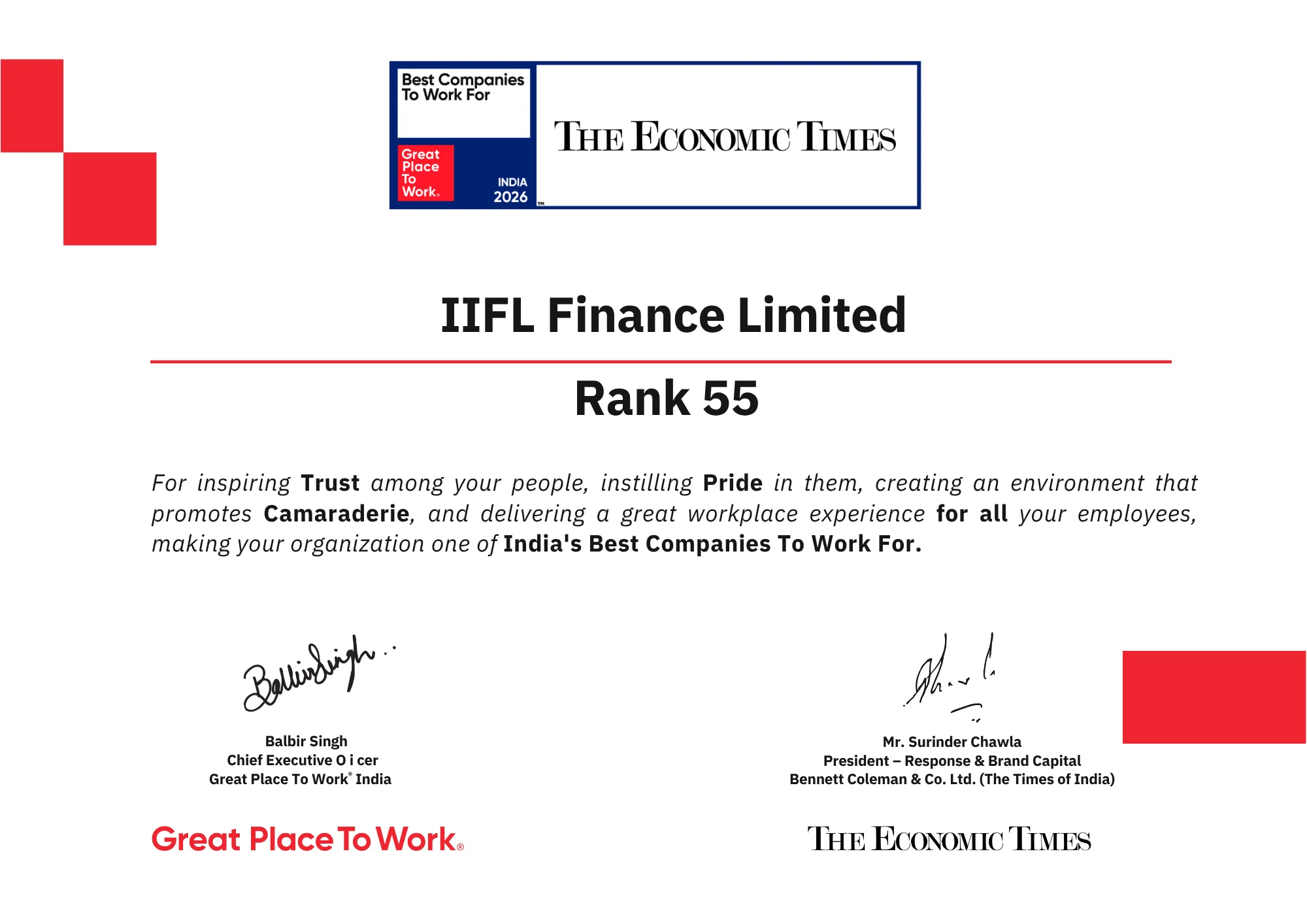 Ranked 55 among India’s Top 100 Best Workplaces 2026
