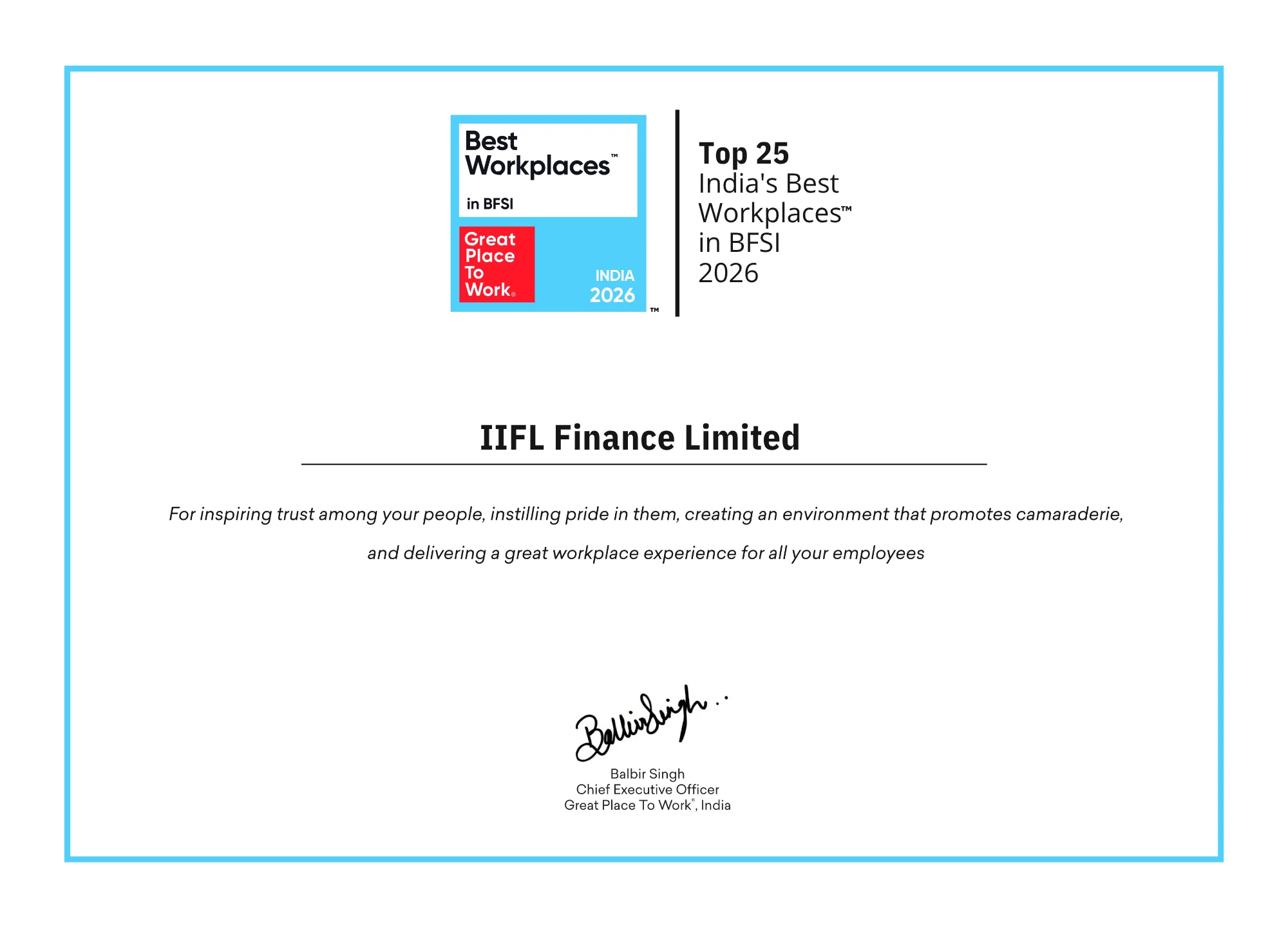 Top 25 India's Best Workplaces in BFSI 2026