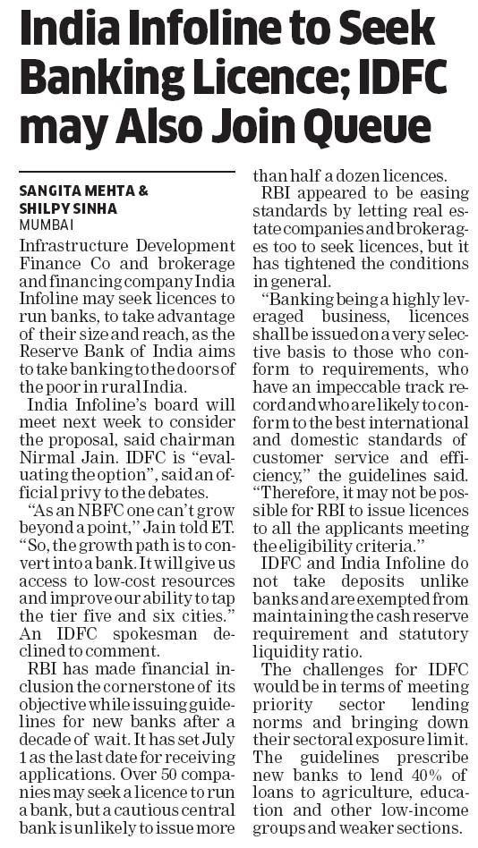 India Infoline to seek Banking Licence  IDFC may Also join Queue