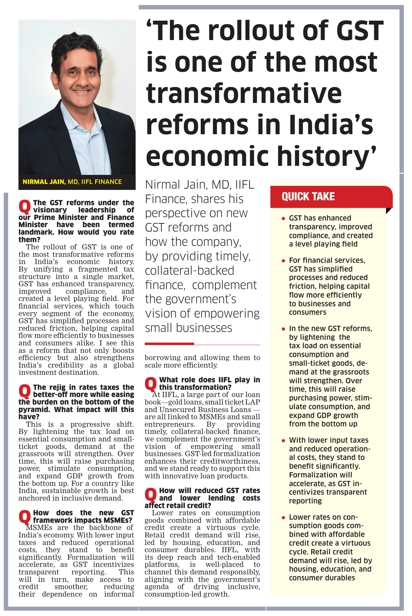 Economic Times - 'The rollout is one of the most transformative reforms in India's economic history'