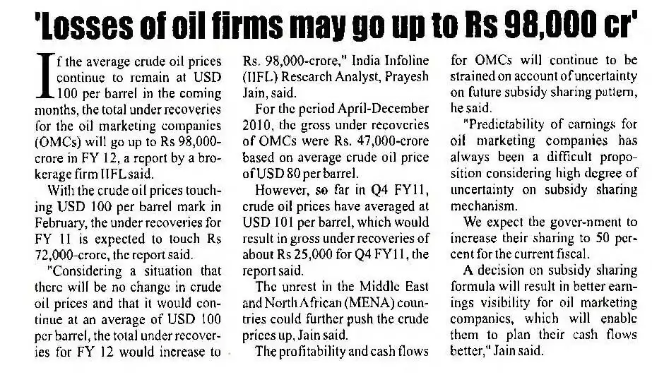 Losses of oil firms may go up to Rs. 98,000 cr