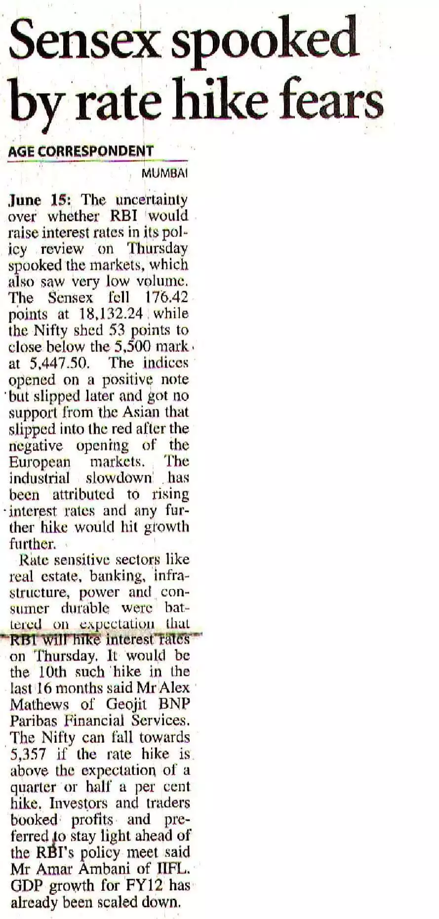Sensex spooked by rate hike fears