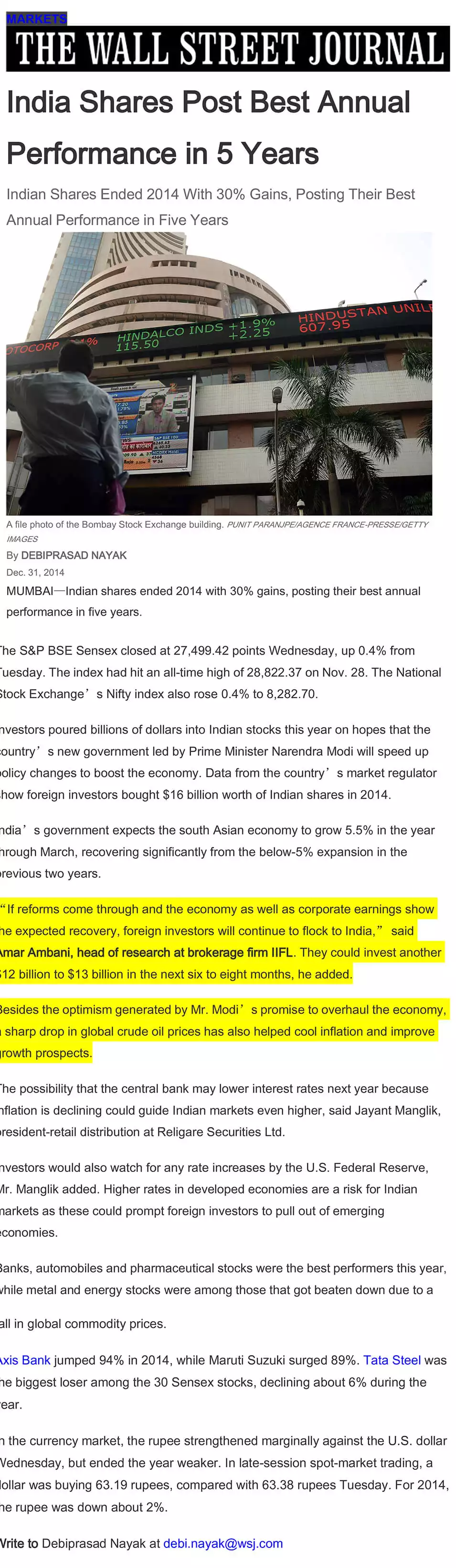 India Shares Post Best Annual Performance in 5 Years