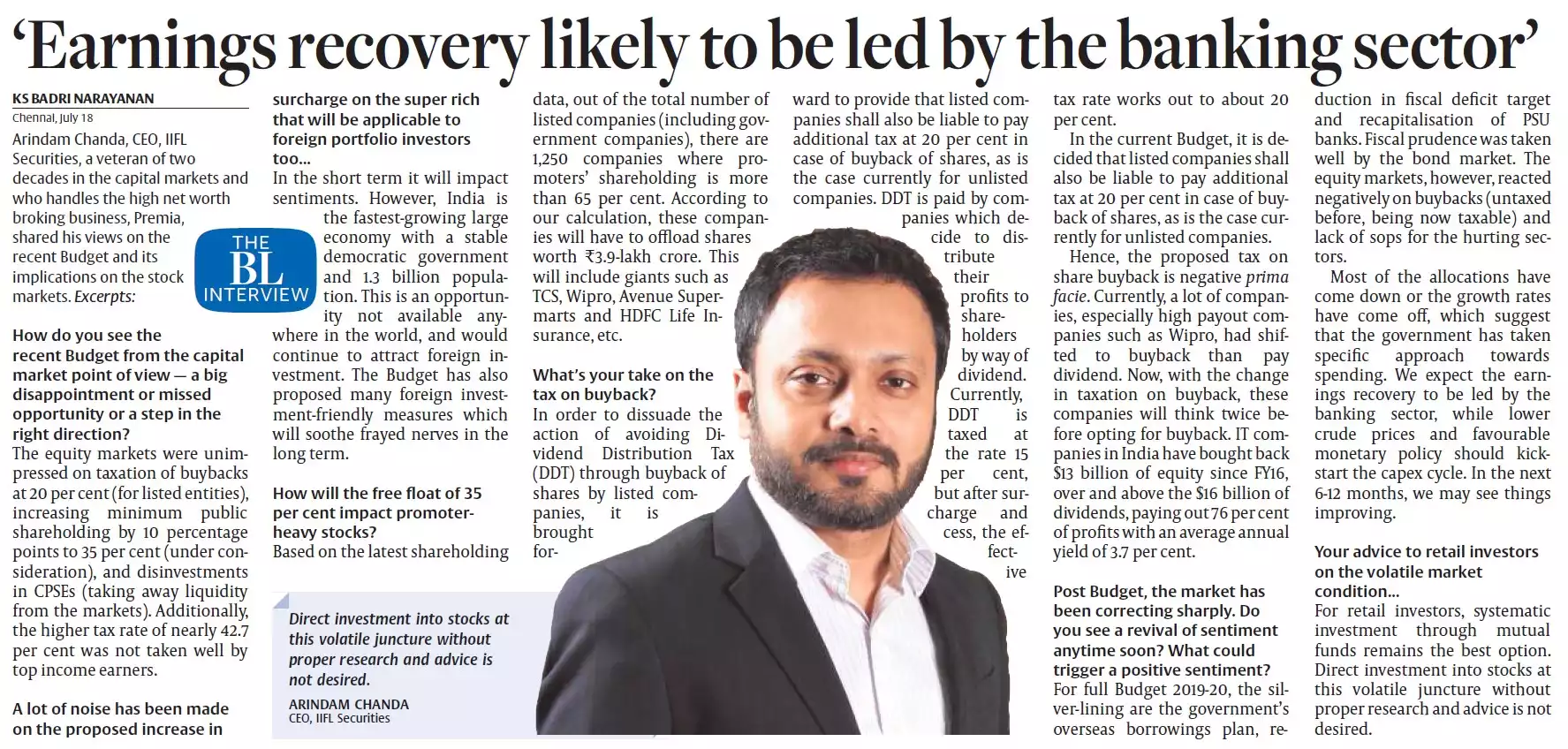 Earnings recovery likely to be led by the banking sector: Arindam Chanda