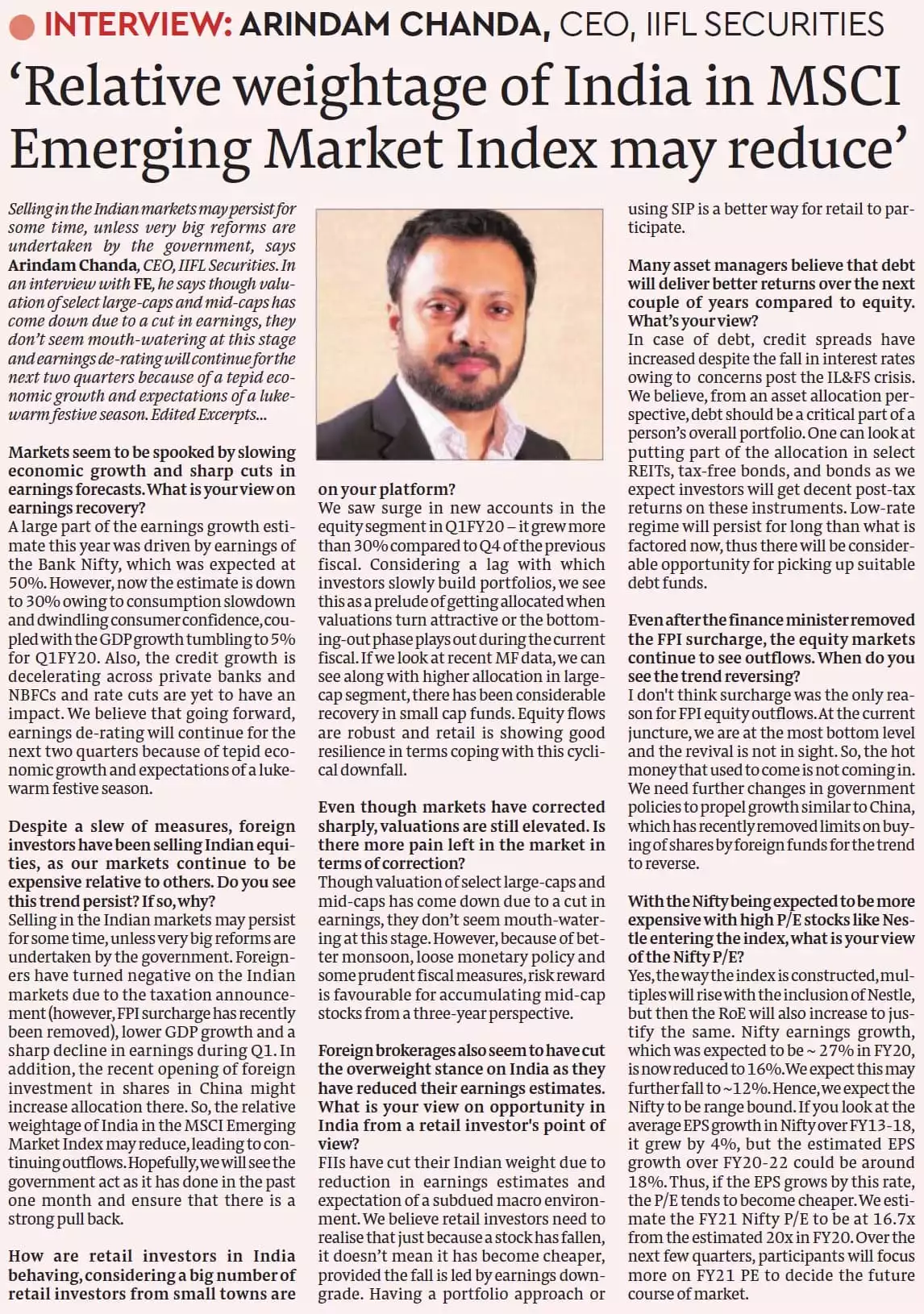 Relative weightage of India in MSCI Emerging Market Index may reduce: Arindam Chanda