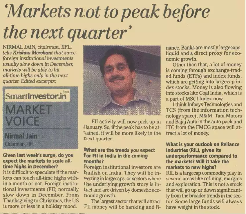 Nirmal Jain, CMD IIFL - Markets not to peak before next quarter