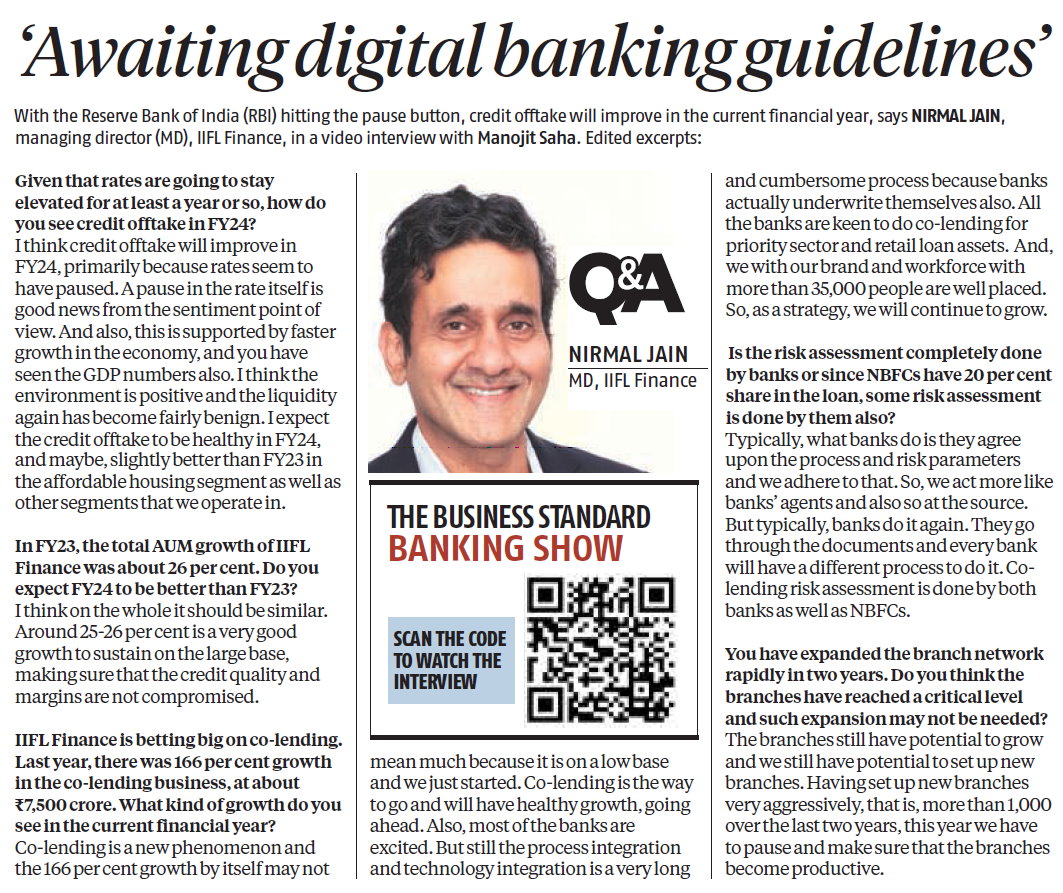 business standard interview of Mr Nirmal Jain