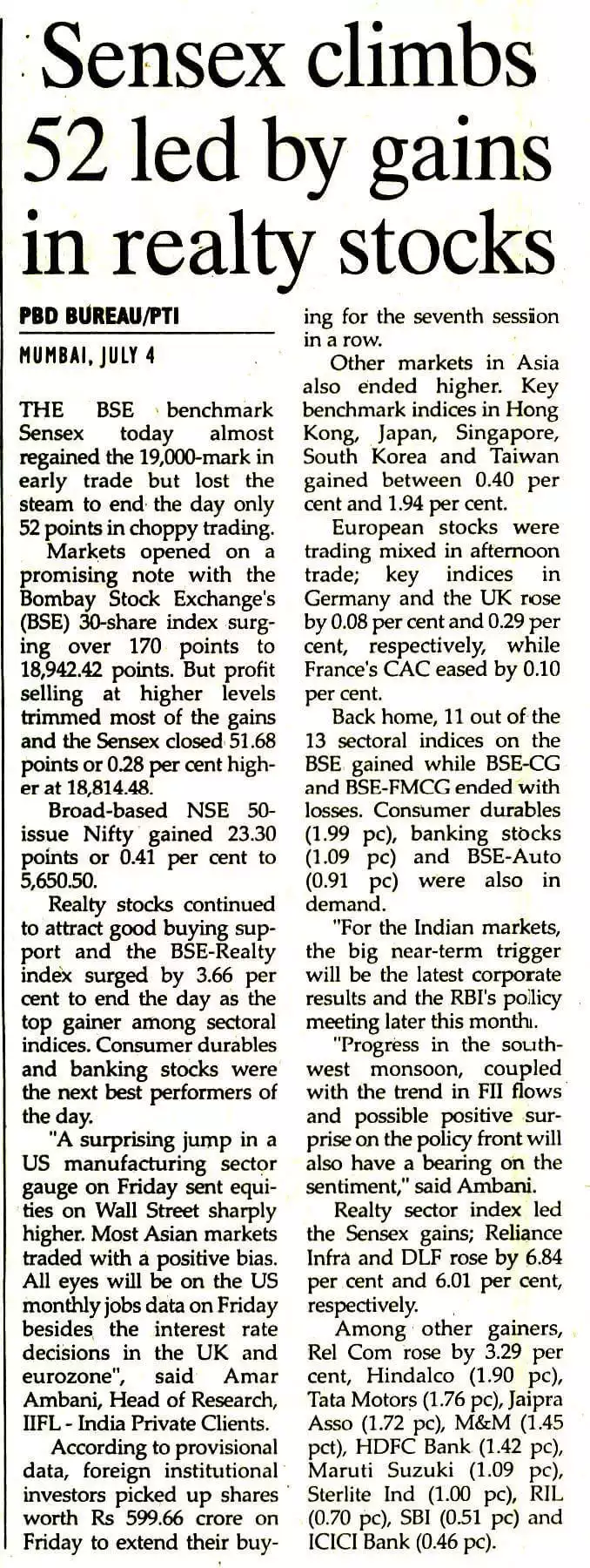 Sensex climbs 52 led by gains in realty stocks