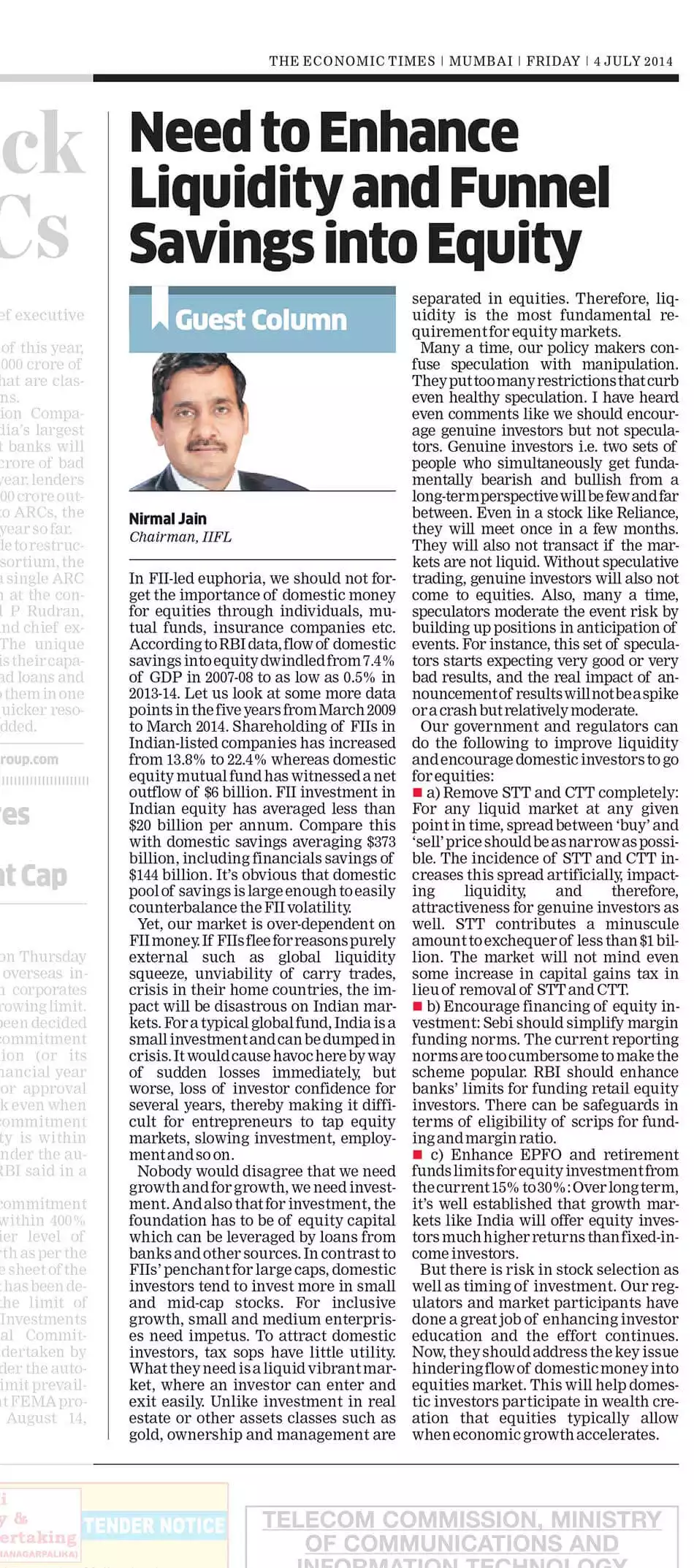 Need to Enhance Liquidity and Funnel Savings into Equity