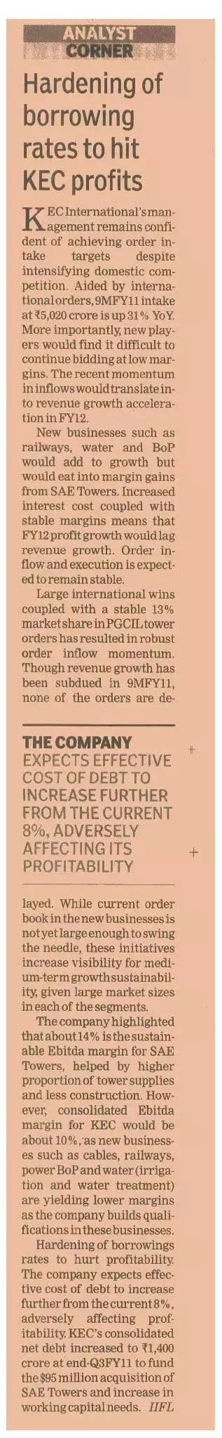 Hardening of borrowing rates to hit KEC profits