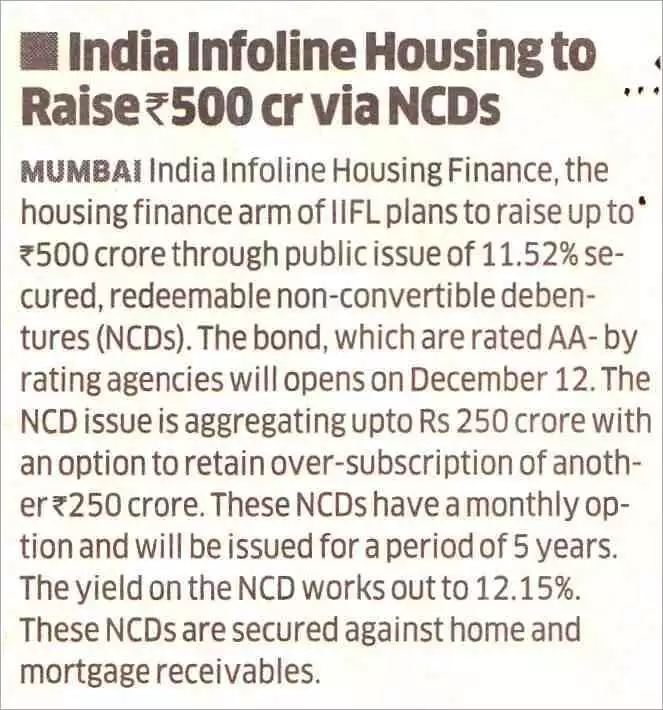 India Infoline Housing to raise Rs. 500cr.via.NCDs