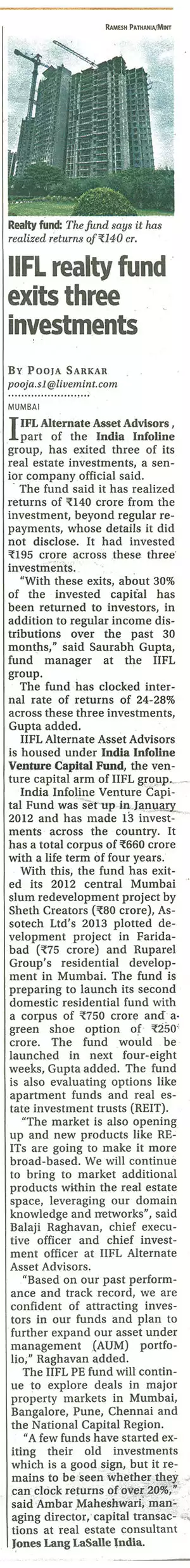 IIFL realty fund exits three investments