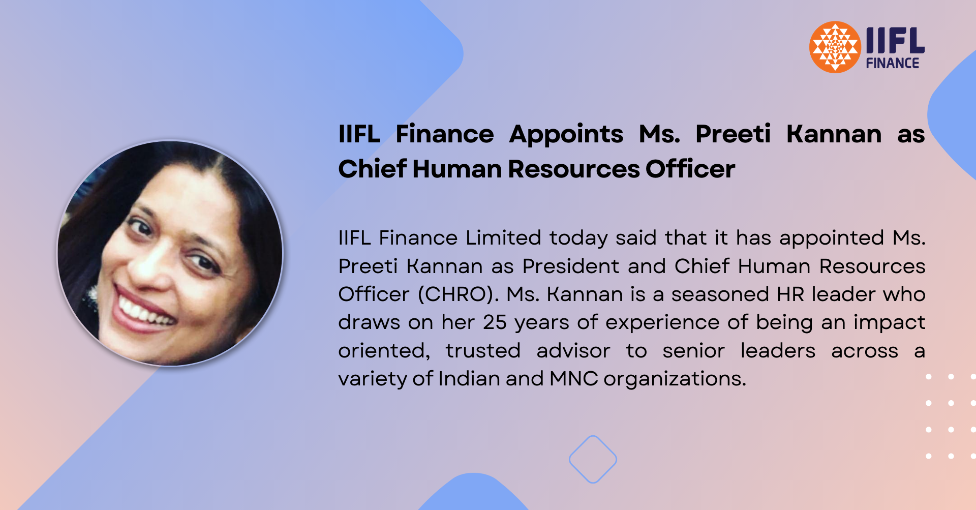 IIFL Finance Appoints Ms. Preeti Kannan as Chief Human Resources Officer 