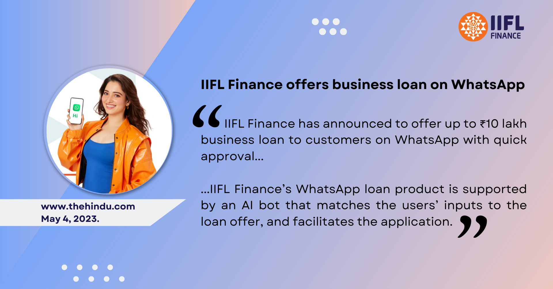 The Hindu Newscoverage: IIFL Finance offers business loan on WhatsApp