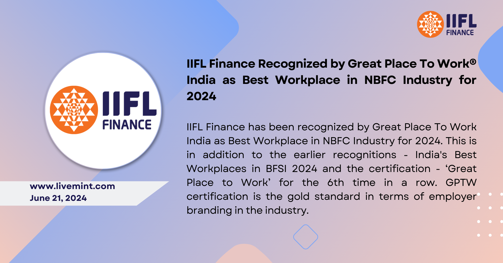 IIFL Finance Recognized by Great Place To Work India as Best Workplace in NBFC Industry for 2024