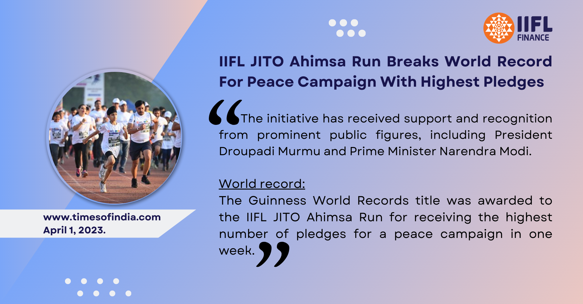 IIFL JITO Ahimsa Run breaks world record for peace campaign with highest pledges