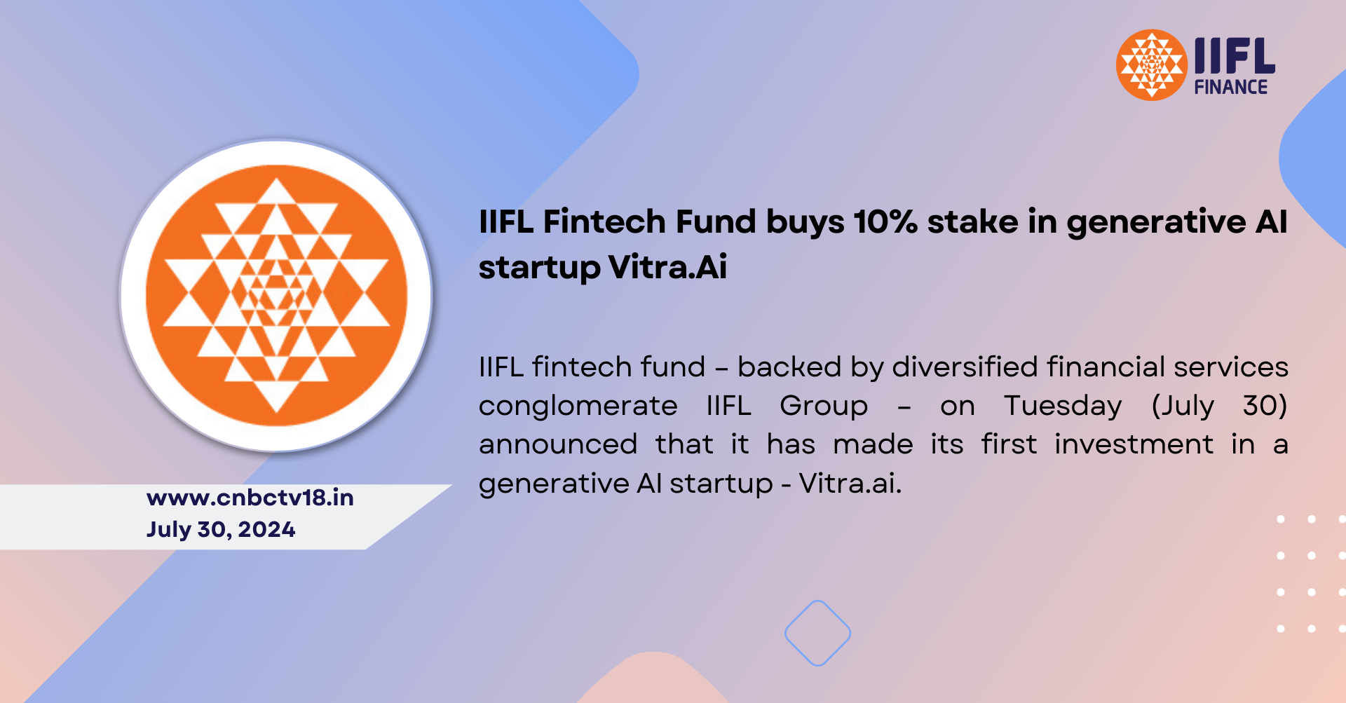IIFL fintech fund – backed by diversified financial services conglomerate IIFL Group – on Tuesday (July 30) announced that it has made its first investment in a generative AI startup - Vitra.ai.