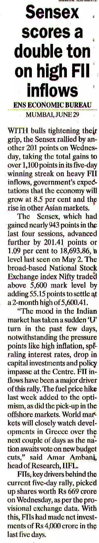 Sensex scores a double ton on high Fll Inflows