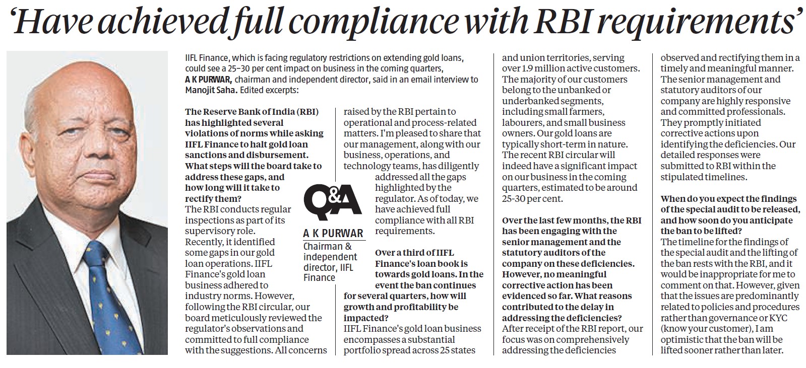 Business Standard Interview: 'Have Achieved Full Compliance With RBI Requirements'