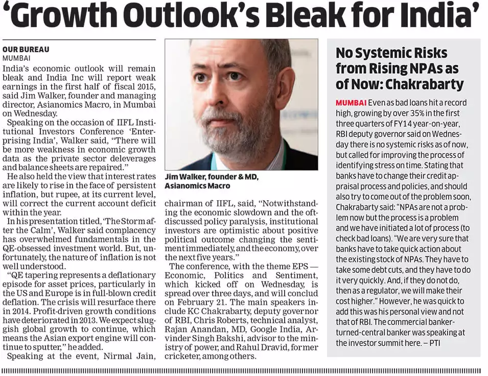 Growth outlook bleak for India, to report weak earnings in first half of fiscal 2015: Jim Walker