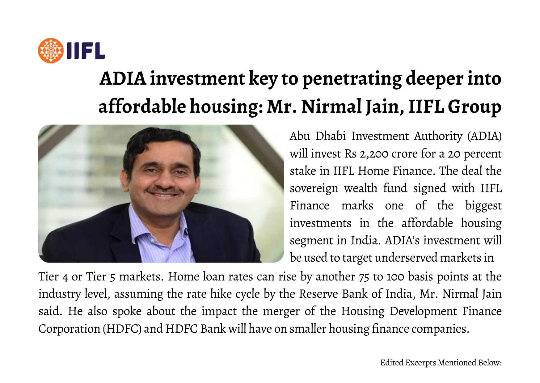 ADIA investment key to penetrating deeper into affordable housing: Mr. Nirmal Jain, IIFL Group