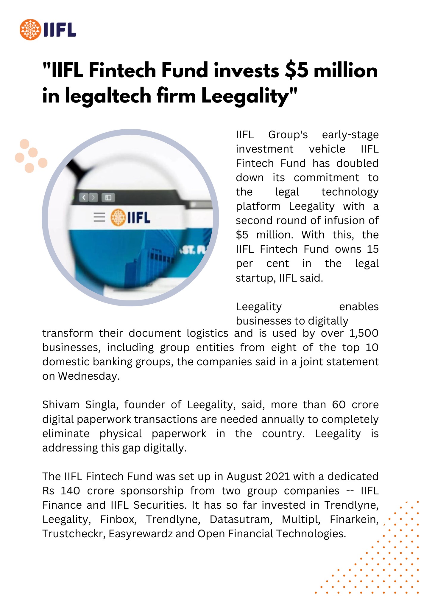 IIFL Fintech Fund invests $5 million in legaltech firm Leegality
