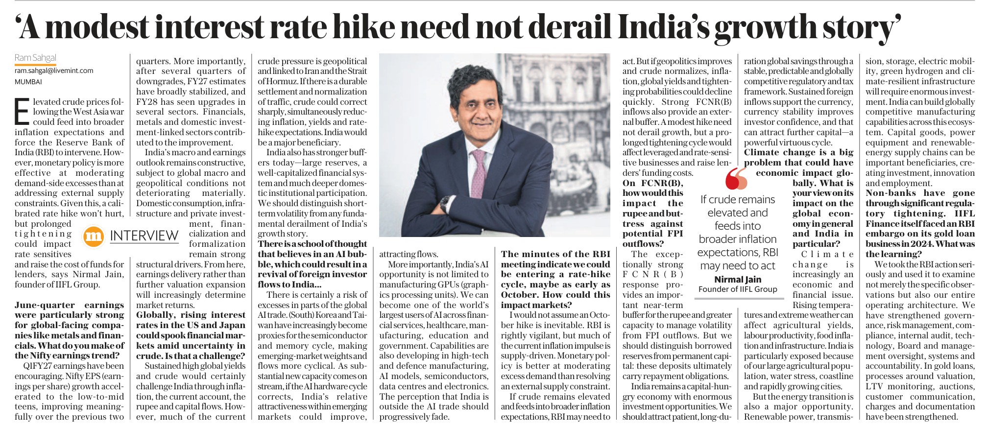 Mr. Nirmal Jain's interview in Mint