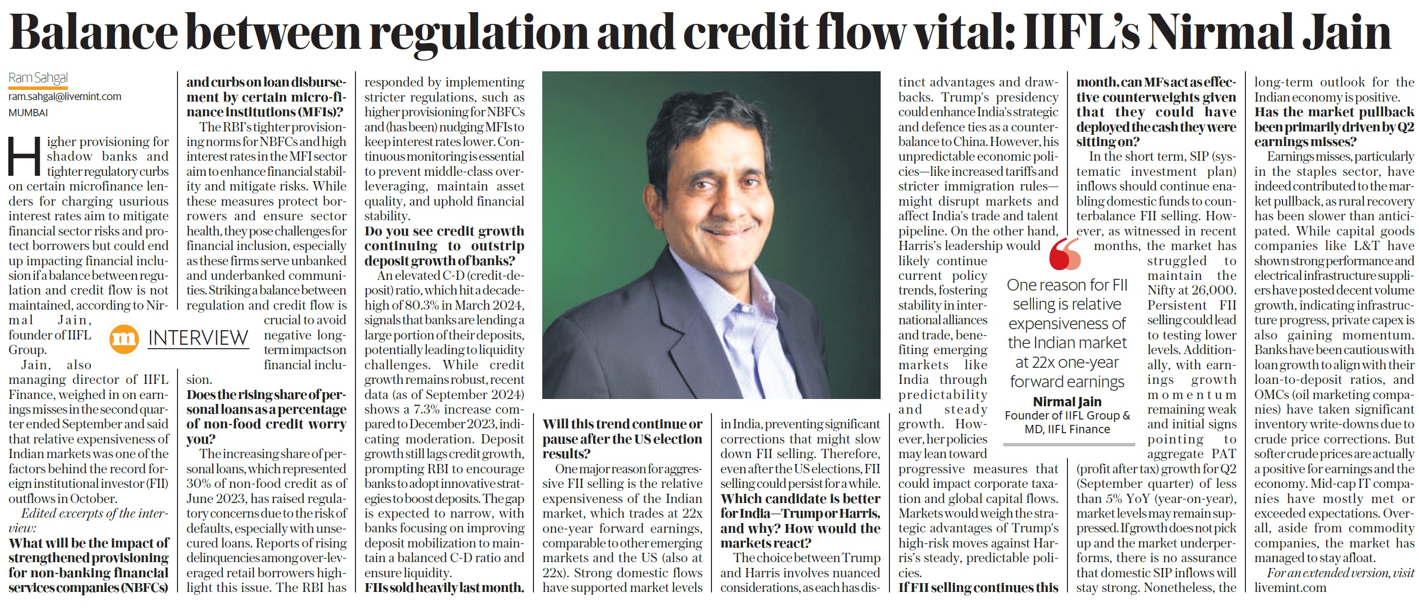 Mint interview by Mr. Nirmal Jain: Balance Between Regulation and Credit Flow Vital