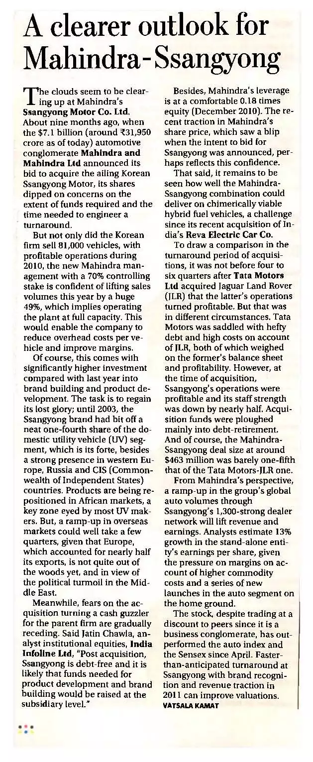 A clearer outlook for Mahindra - Ssangyong
