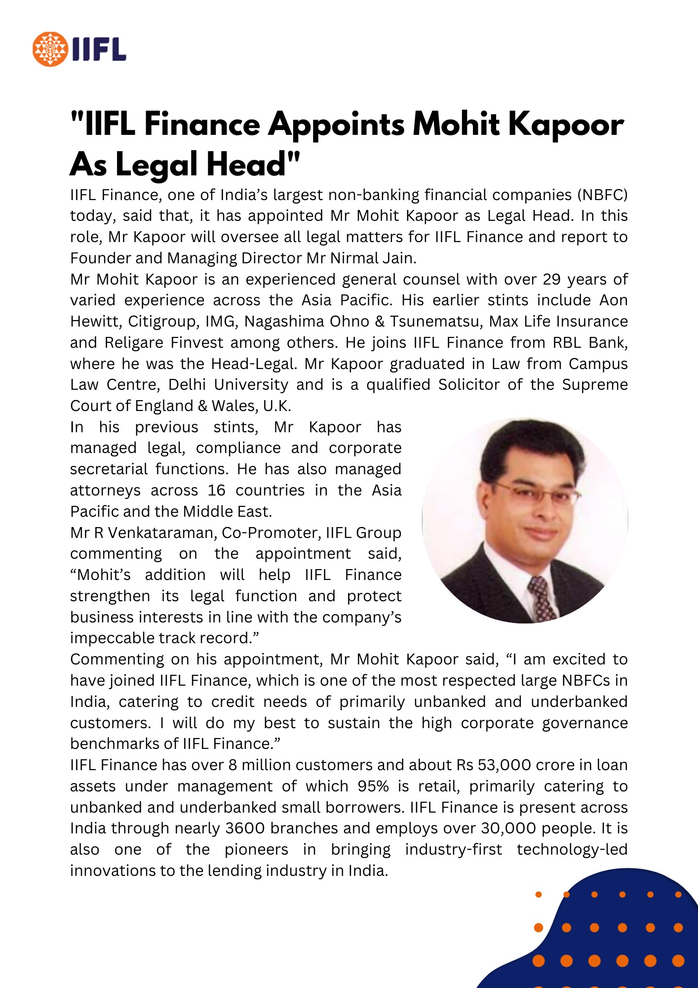 IIFL Finance Appoints Mohit Kapoor As Legal Head