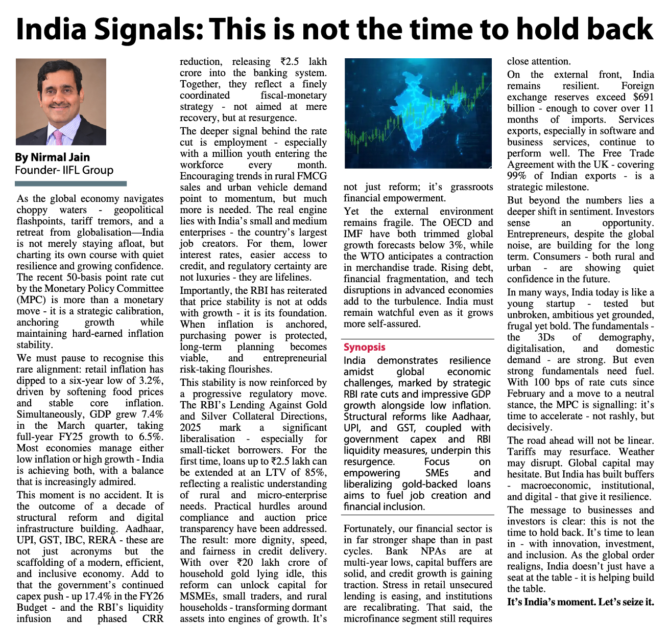 Mr. Nirmal Jain's ET Column - 'India Signals: This is not the time to hold back'