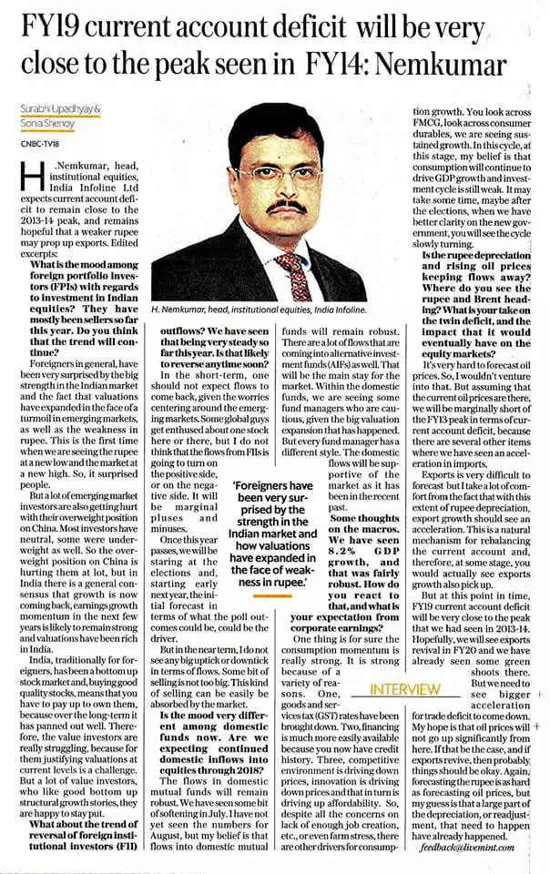 FY19 Current Account Deficit Will be Very Close to the Peak Seen In FY14: IIFL's Nemkumar