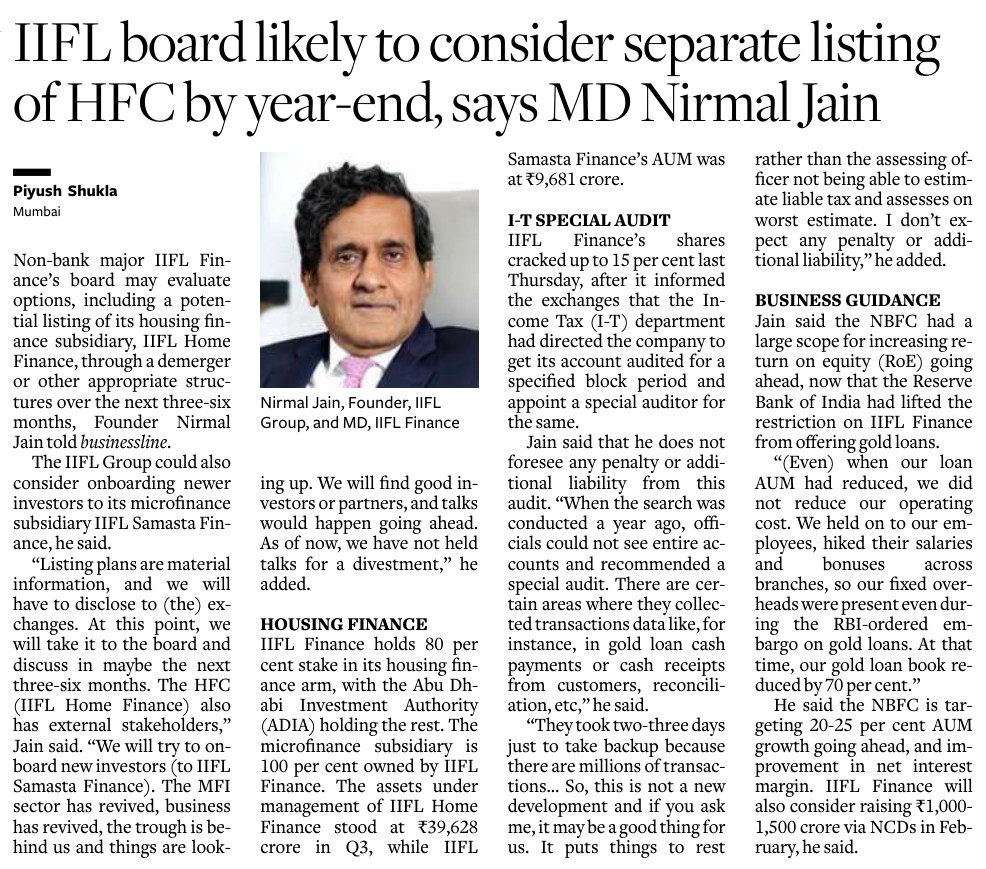 IIFL Board likely to consider separate listing of HFC by year-end, says MD Nirmal Jain