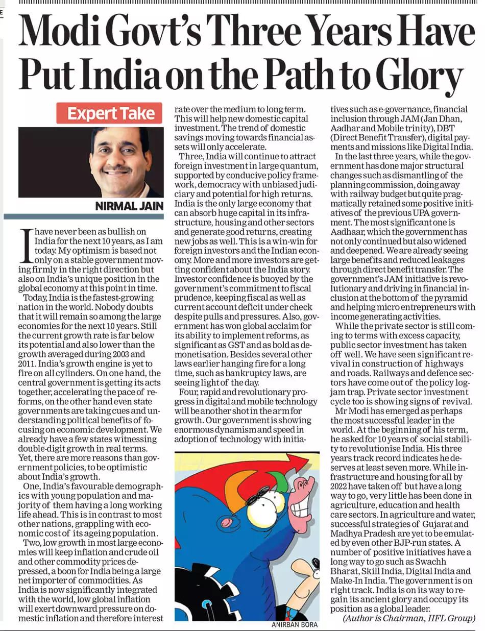 Modi govt's three years has put India on the path to glory: Nirmal Jain