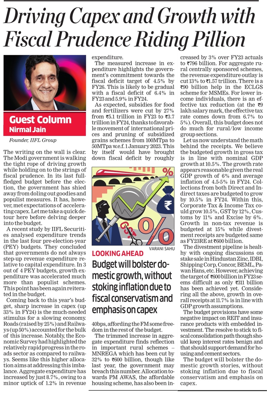ET Column: Driving Capex and Growth with Fiscal Prudence Riding Pillion
