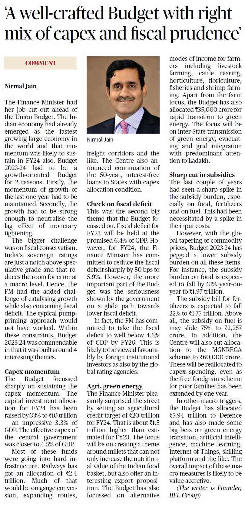 The Hindu Column: 'A well-crafted Budget with right mix of capex and fiscal prudence'