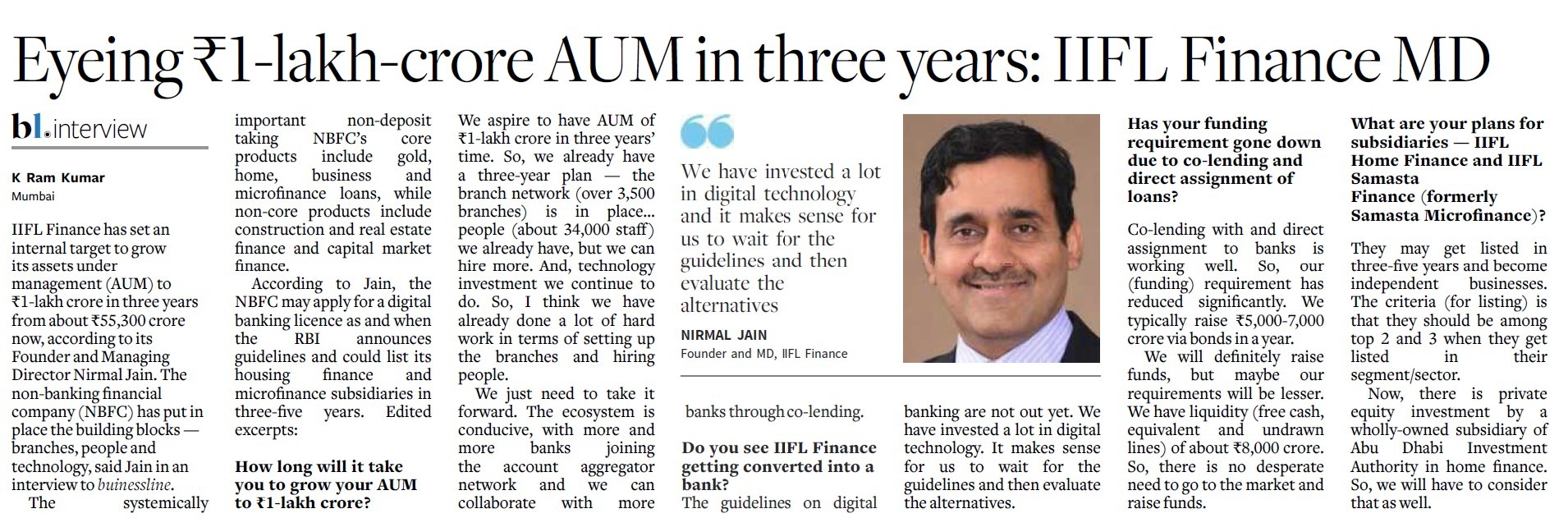 Nirmal Jain's Hindu Business Line Interview