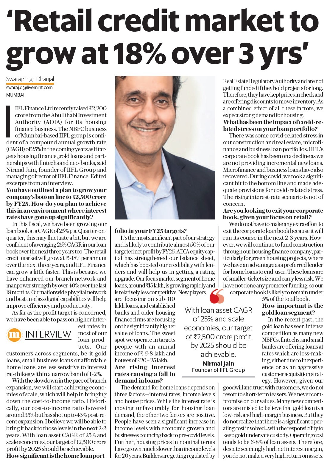 Mr. Nirmal Jain's Interview with Mint.