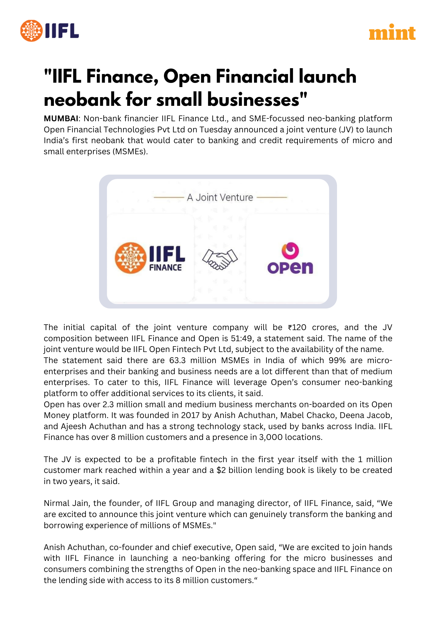 "IIFL Finance, Open Financial launch neobank for small businesses"