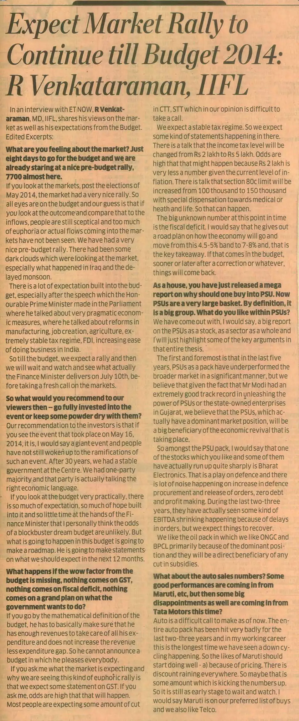 Expect market rally to continue till budget 2014: R Venkataraman, IIFL