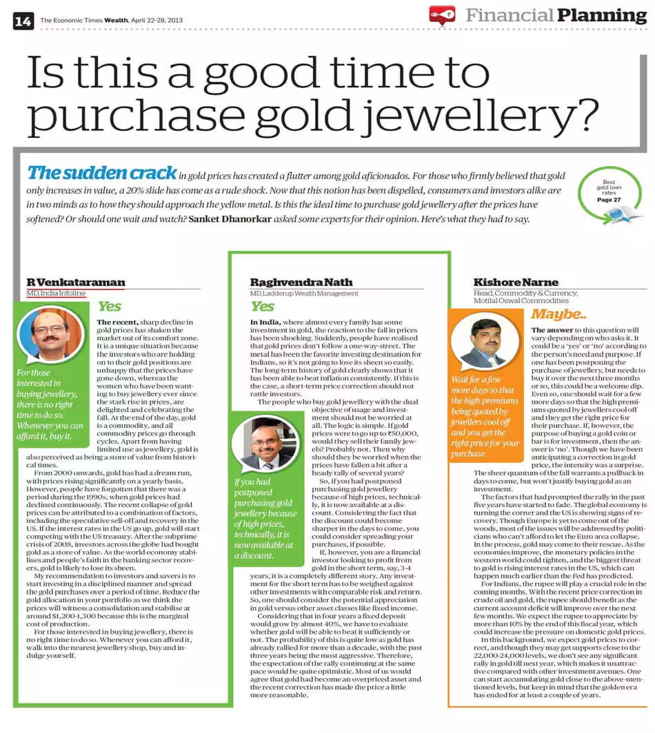 Is this a good time to purchase gold jewellery? : R. Venkataraman in ET  Wealth
