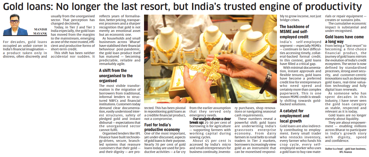 Manish Mayank in The Pioneer - Gold loans: No longer the last resort, but India’s trusted engine of productivity