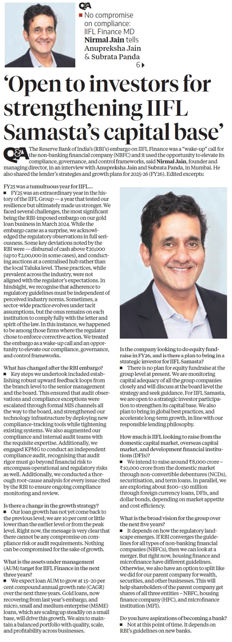 Mr. Nirmal Jain - Business Standard Interview