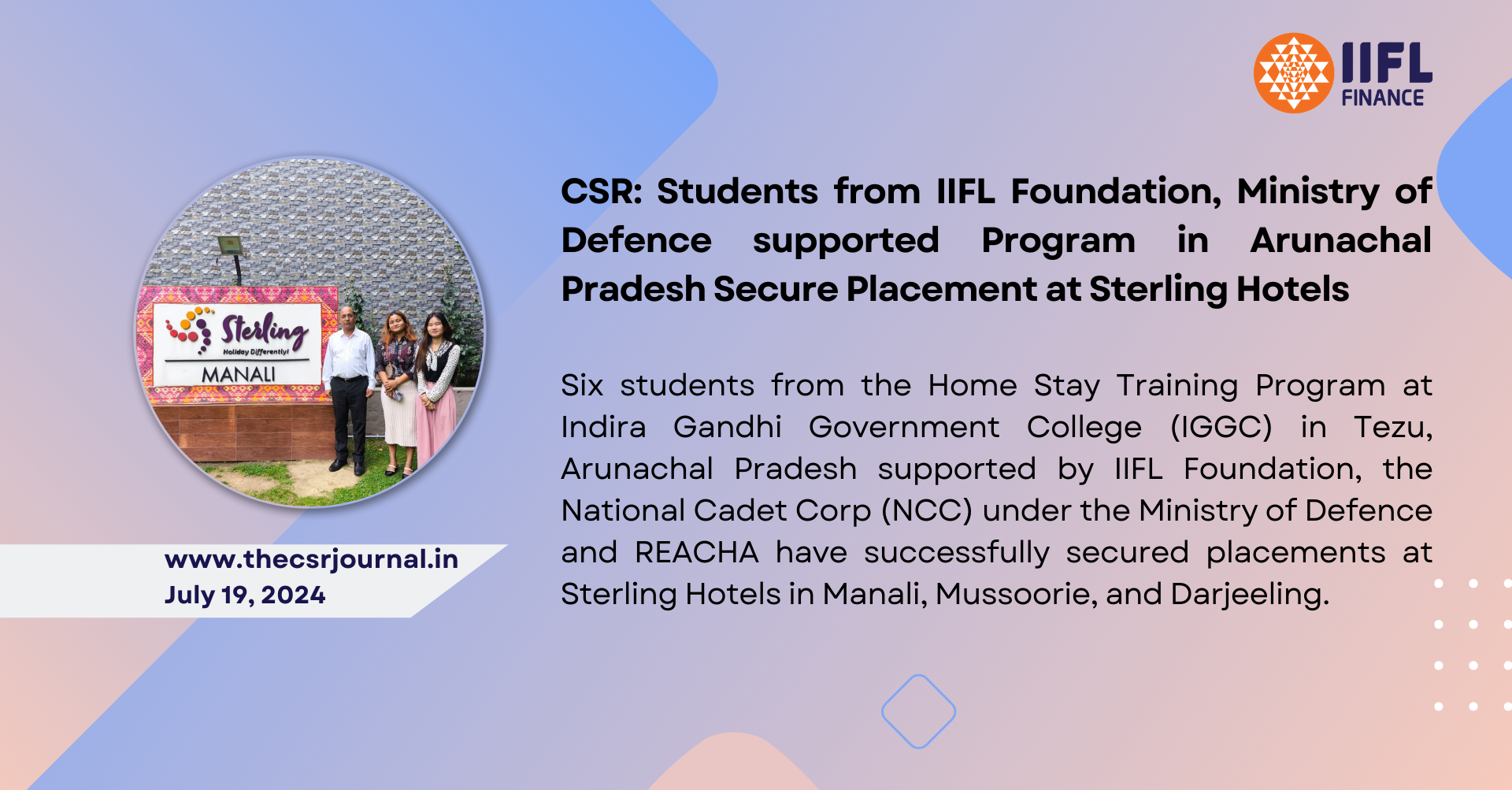 CSR: Students from IIFL Foundation, Ministry of Defence supported Program in Arunachal Pradesh Secure Placement at Sterling Hotels