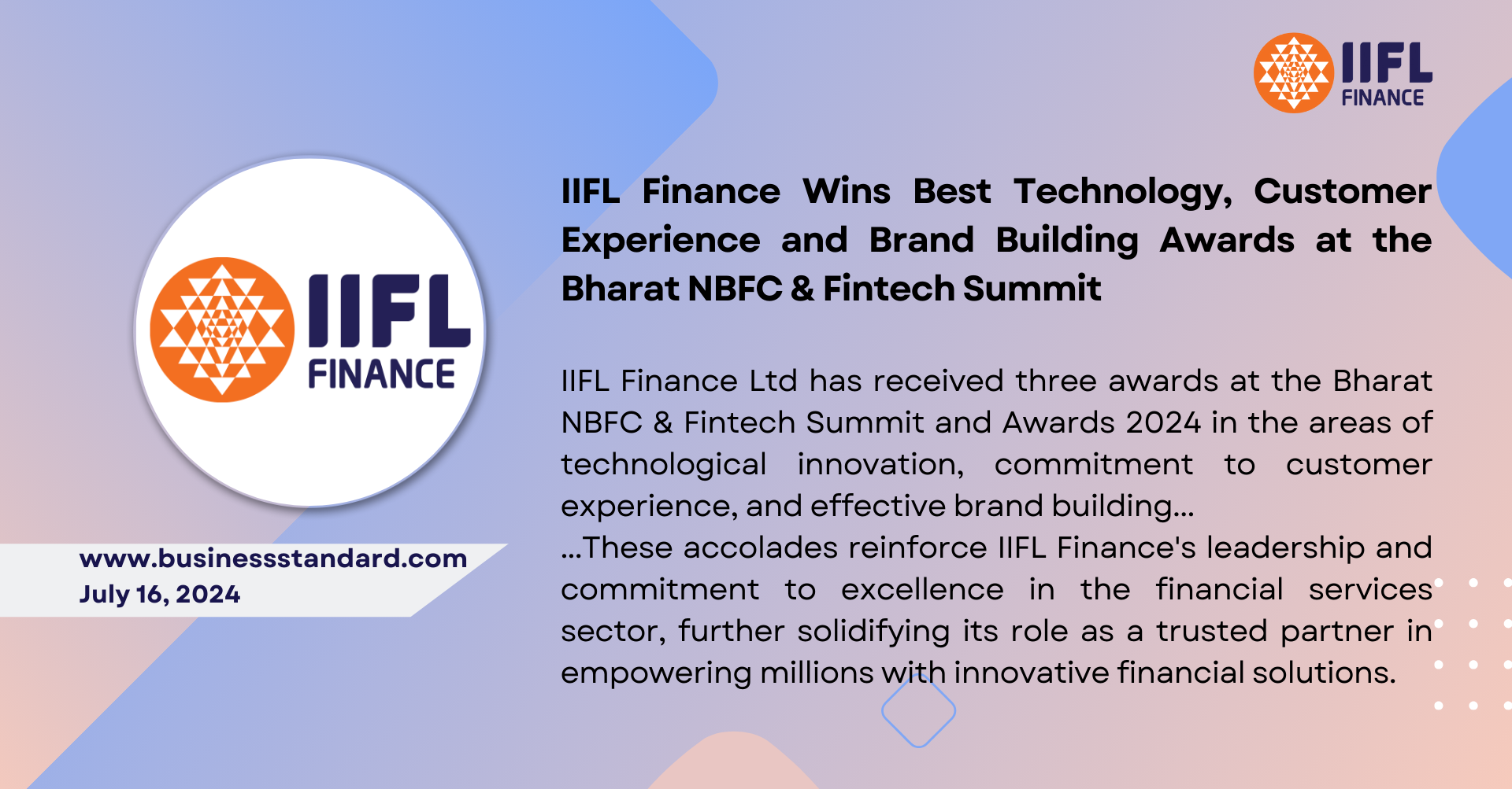 IIFL Finance Wins Best Technology, Customer Experience and Brand Building Awards at the Bharat NBFC & Fintech Summit